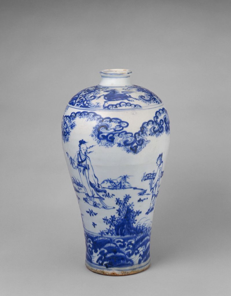 图片[1]-Blue and white visiting friends with piano picture plum vase-China Archive